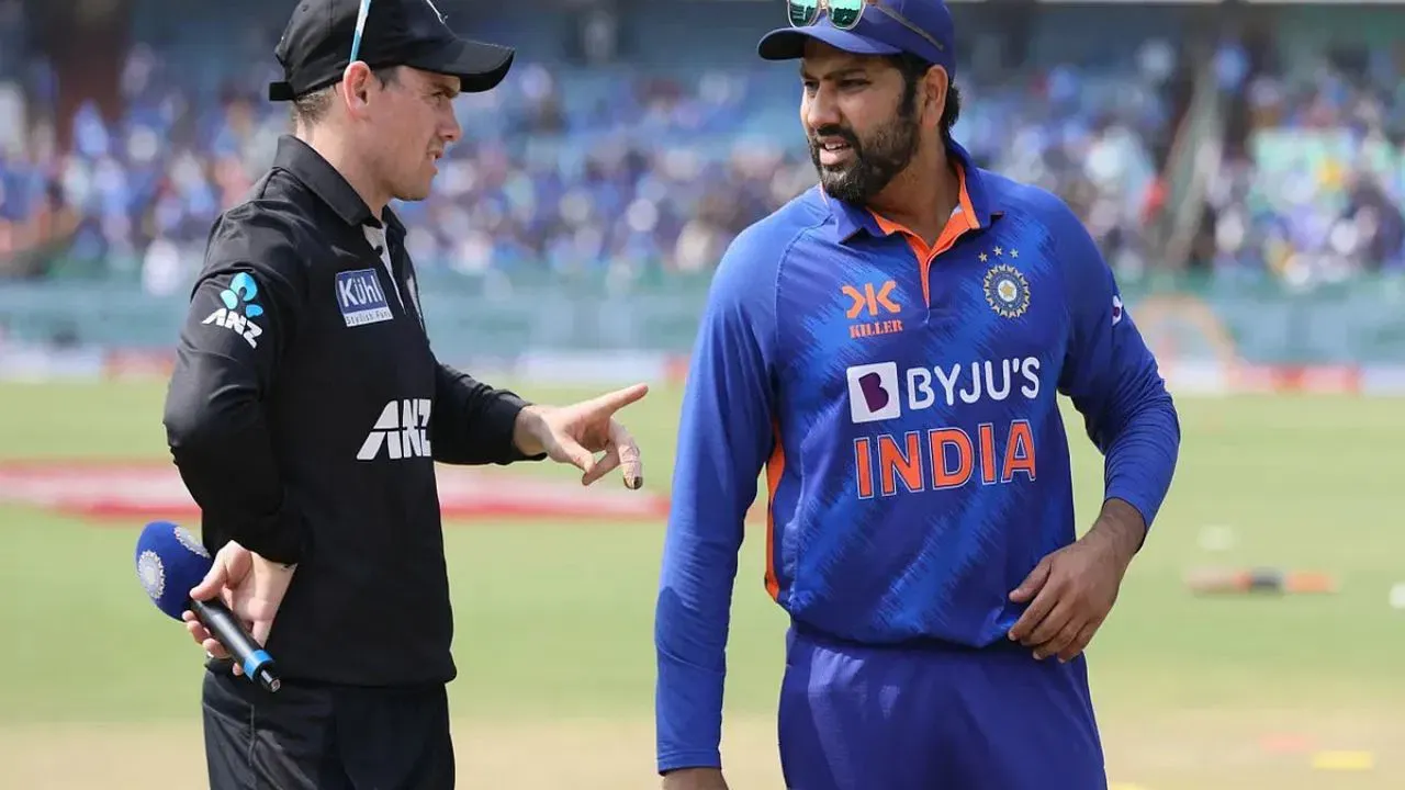 rohit sharma and new zealand player standing on ground